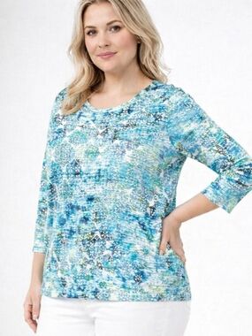 Alia Plus 1X Blue Green Medallion Tile Textured Knit 3/4 Sleeve Pullover Top
